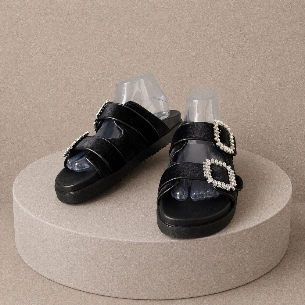 Steve Madden Mystik Black Rhinestone Buckle Double Strap Flat Slide Sandals 9M